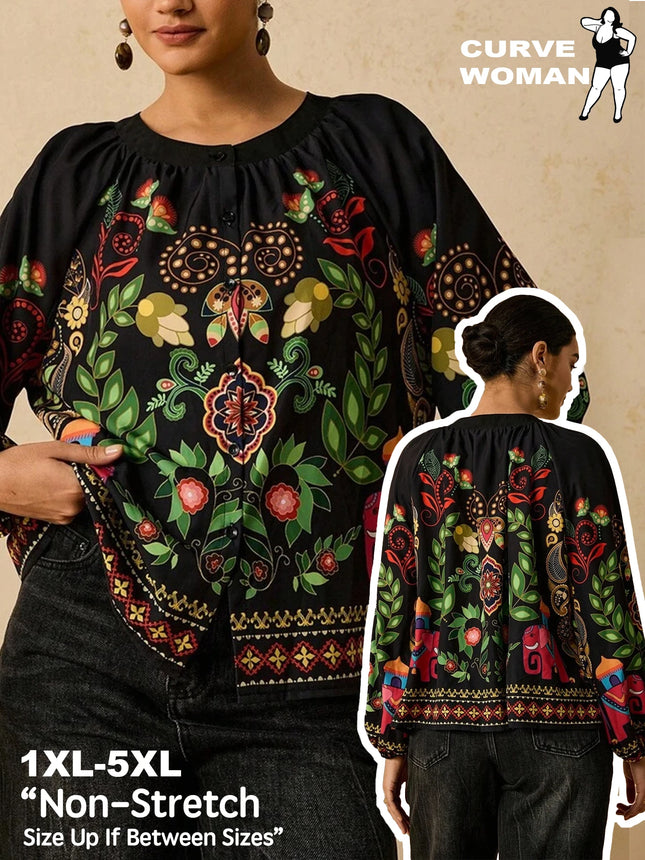 Plus Size Bohemian Ethnic Print Top Puff Sleeve Elegant Non-Stretch Woven Tops for Women Office Commute Party Gathering 