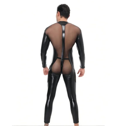 Imitation Leather Jumpsuits Men Sexy See Through Mesh Bodysuits Gay Erotic Lingerie Club Party Wear Playsuits Performance Onesie
