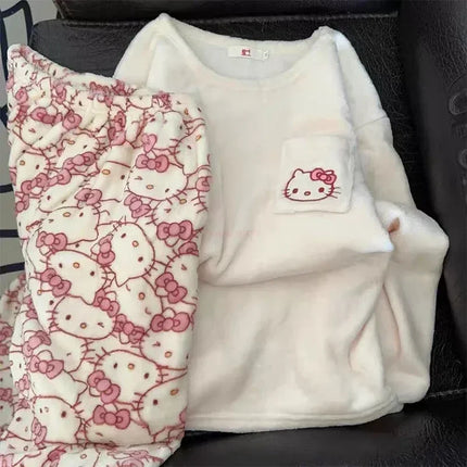 Kawaii Sanrio Hello Kitty Pajamas Cartoon Soft Plush Female Flannel Winter New Plus Velvet Thick Sweet Warm Tracksuit