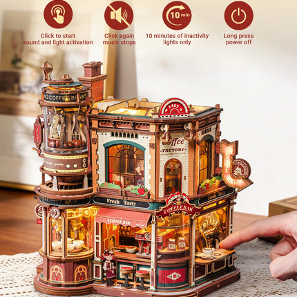ROKR Wooden 3D Puzzle Dream Coffee Factory Music Box Model Building Kit 593-piece DIY Miniature House Kit with LED Light Unique Home Decor Gift for Adults Women