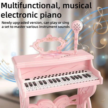 Kids electronic piano playset for girls beginner multi-functional playable microphone with small stool, Christmas birthday gift