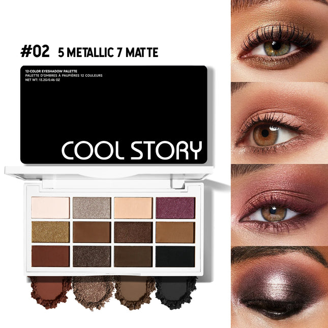 12-color eyeshadow palette, coffee brown & nude metallic tones, matte glitter & metallic finish, smoky makeup, party & stage