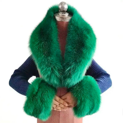 Winter Natural Fox Fur Scarf And Cuff Set Women Jacket Fur Collar Authentic Neck Warm Scarves Luxury Fluffy Fox Fur Shawl