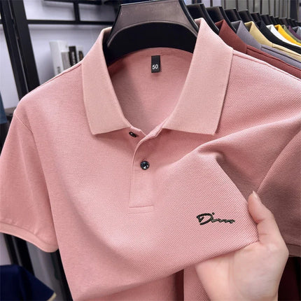 Men's Summer High-End Printed Golf Polo Shirt with Collar, Solid Color, Breathable, Office Casual, High-Quality Men's Clothing