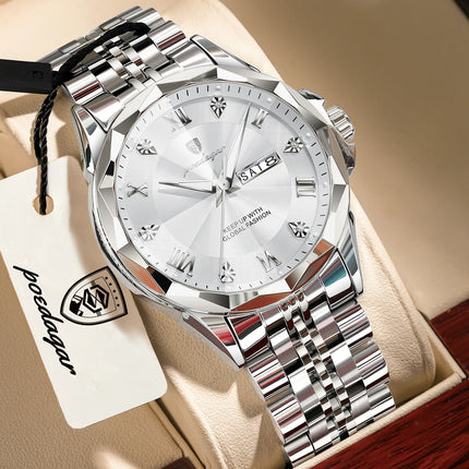 POEDAGAR Fashion Luxury Men Watch Top Original Waterproof Luminous Date Week Man Wristwatch Stainless Steel Quartz Men's Watches