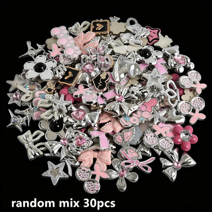 10/20/30/50pcs Random Mix Silver Color Heart Bow Star Charms For Junk Cases Flower Pink Girl Pendant DIY Hairpin Phone Case Bulk