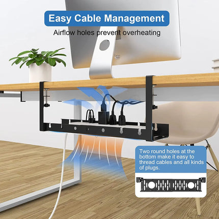 No Drilling Extendable Under Desk Cable Management Metal Cable Tray Under Desk With Clamp Retractable Power Strip Cord Holder