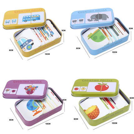 Baby Kids Cognition Puzzles Toys Toddler Iron Box Cards Matching Game Cognitive Cards Vehicl Fruit Animal Life Sets Pair Puzzles