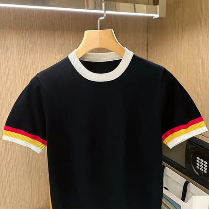 Summer Men Knitted T-shirts O'neck Short Sleeve Rainbow Patchwork Tops