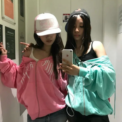 Y2K Mint Green Zip Up Hoodie Women Cursive Script Print Oversized Casual Sweat Jacket Fashion Harajuku Sweet Cool emo Sweatshirt