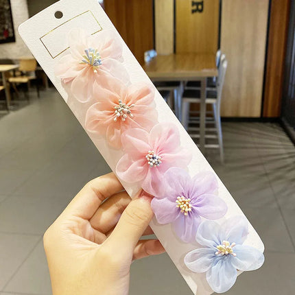 5PCS/Set Korean Baby Hairpins Mesh Gauze Bow Girl Princess Hair Clips Sweet Flower Barrettes Kids Hair Accessories Headwear