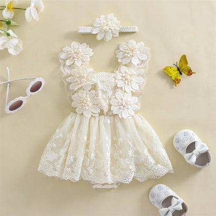 0-24 Months Baby Girl Romper Dress Outfit Flower Embroidery Tie-Up Mesh Bodysuits Bow Headband 2 Piece Summer Set