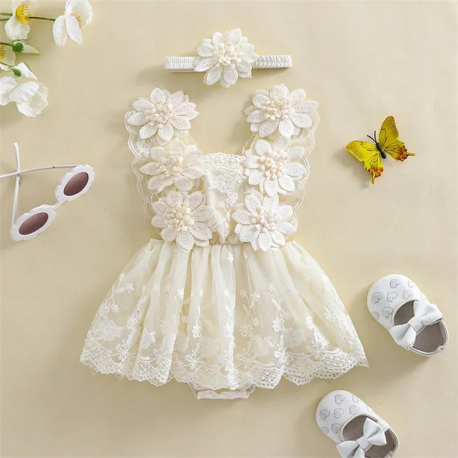 0-24 Months Baby Girl Romper Dress Outfit Flower Embroidery Tie-Up Mesh Bodysuits Bow Headband 2 Piece Summer Set