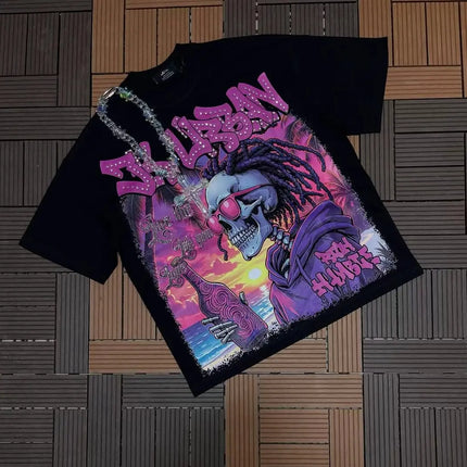 90s Comfortable Printed Fire Element Pure Cotton Series Short-Sleeves Black Minimalism American Street Casual Sports T-shirts