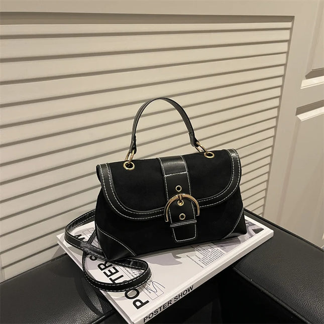 Elegant Shoulder Bag Metal Buckle Suede Leather Mix and Maillard Tones Flap Magnetic Snap Multifunction Crossbody for Commute
