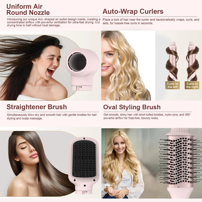 5-in-1 Hair Dryer Brush, Curling Iron, Detachable Auto-Wrap Curlers, Fast Drying Electric Styling Hair Blower Brush