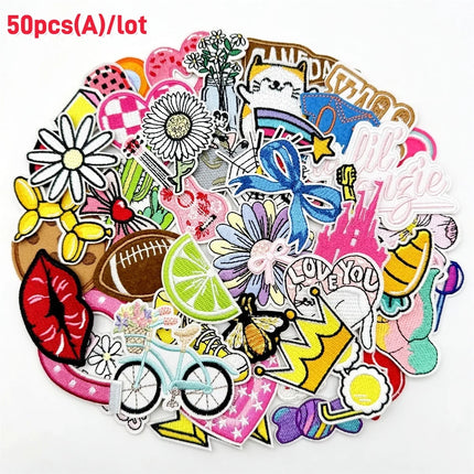 50/100pcs Random Assortted Embroidery Patches Cartoon DIY Iron on/Sew on Patches Stickers Applique for Clothes Dresses Hat Jeans