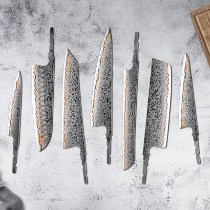 Grandsharp Damascus Blades 1-7PCS Kit 55 Layers Copper Damascus Steel No Handle DIY Knife Making Forging Blades Custom Tool