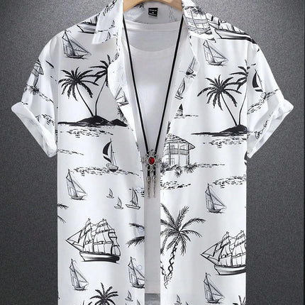 Hawaiian Botanical Flower Print Men's and Women's Short Sleeve Lapel Seaside Button-Down Shirt Top Casual Fashionable Shirts