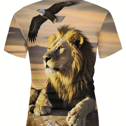 Men's 3D Lion Eagle Sunset Printed Shirt - Classic Striped Collar Machine Washable, Four Seasons Casual Pattern T-shirt