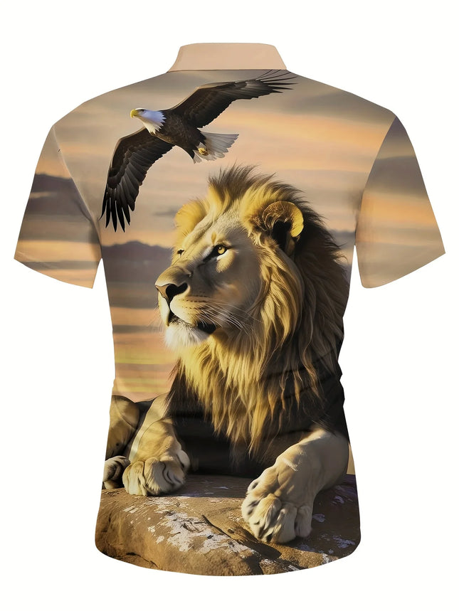 Men's 3D Lion Eagle Sunset Printed Shirt - Classic Striped Collar Machine Washable, Four Seasons Casual Pattern T-shirt
