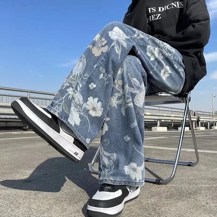 Spring Printed Jeans Korean Style Men's Floral Denim Pants High Street Loose Straight Trousers for Couples Baggy Hosen Herren