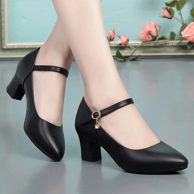 Women Fashion Sweet Red Comfort Buckle Strap Square Heel Pumps Lady Casual Black Pu Leather Office High Heel Shoes Spring Autumn