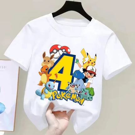 2026 Pokemons Pikachu Kids T Shirts Birthday Number 1-9 Printed T Shirt Boys Girls Summer Short Sleeves Tops Children Clothing