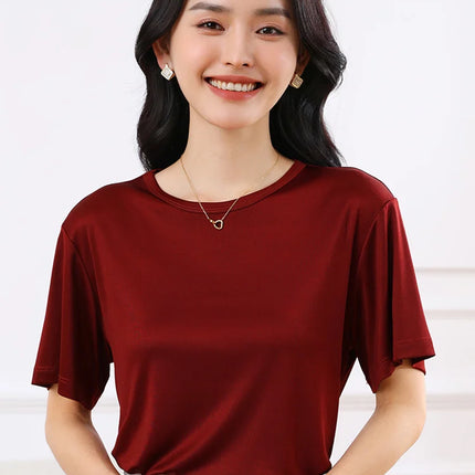 Summer Women's Short Sleeve O-Neck T-Shirt Knitted Acetate Fabric High-End Thin Pullover Top for Ladies