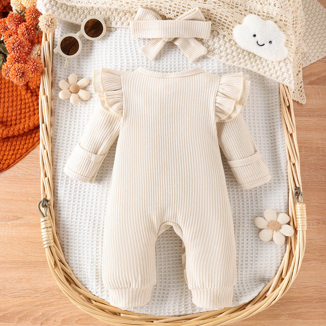2PCS Autumn New Style 0-1 Year Old Girl Baby Sweet and Cute Solid Color Flying Sleeve Waffle Long-Sleeved Jumpsuit + Headband