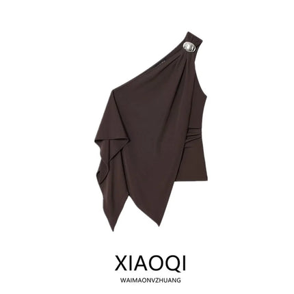Women's Asymmetric Slim Pleated Design Top Versatile Autumn New Arrival Fashionable Outerwear Casual Regular Length