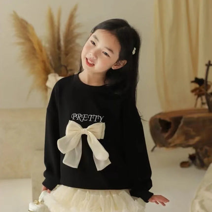 Bear Leader Spring and Autumn Fashion New Girls' Pullover Bow Black Long Sleeved Top Korean Version Children's Casual Wear