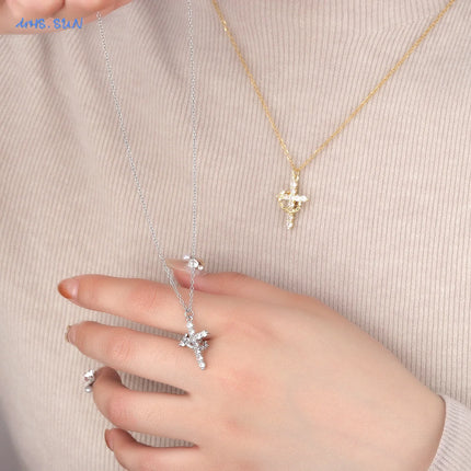 SUNSLL Cubic Zircon Rotatable Crown Cross Pendant Necklaces Classic Stainless Steel Chain Banquet Party Jewelry For Women Men