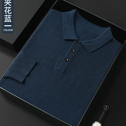 High quality worsted  spun collar wool sweater men's spring and autumn business polo sweater thin long sleeved knitted T-shirt