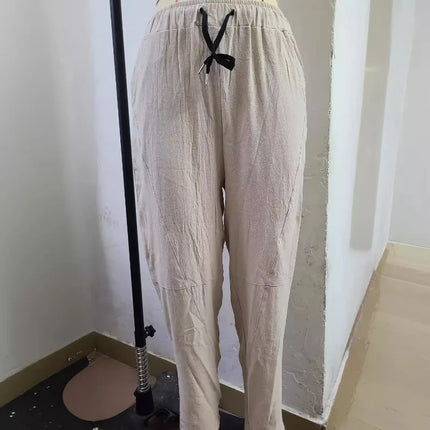Men's Cotton Linen Pencil Pants Summer Loose Elastic Waist Hip Hop Trousers Solid Color Breathable Casual Joggers