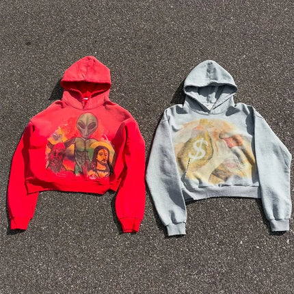 European and American Style Street Alien Print Hooded Sweatshirts for Men Autumn High Street Gothic Loose Fitting Couple Hoodies