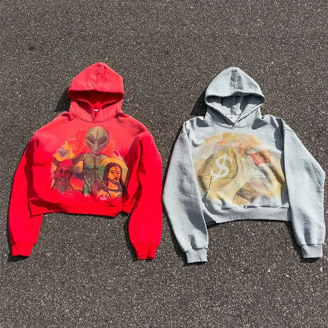 European and American Style Street Alien Print Hooded Sweatshirts for Men Autumn High Street Gothic Loose Fitting Couple Hoodies