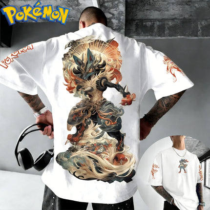 New Pokemon Cotton T Shirt with Lucario Back Print Blue Black Character and Flame Effects Design Loose Fit Men Women Casual