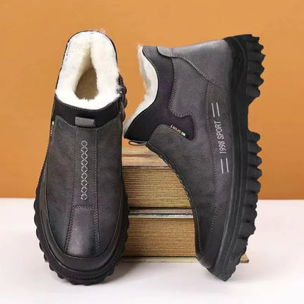 Men's Winter Casual Shoes Thickened Fleece Lined Waterproof Leather Surface Warm Wear Resistant Work Shoes Slip on round Toe