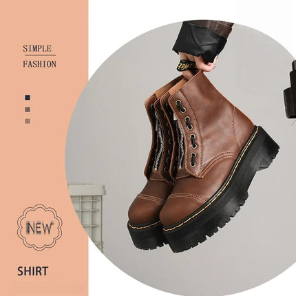 Women Boots Genuine Leather Platform Boots Motorcycle Shoes Front Zipper Optical Soles Fashion Sexy Punk Luxury Men Winter Boots