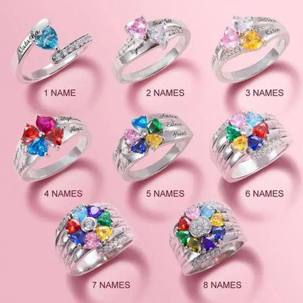 Personalized 1-8 Birthstone Rings Custom Engraved Name Ring Customized Promise Heart Birthstone Ring Gifts for Family Women