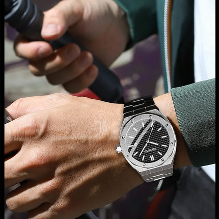 BINBOND Men's Watch Top Brand Royal Casual Men Big Dial Silver Stainless Steel Calendar Quartz Wristwatch Classic Luminous B0233
