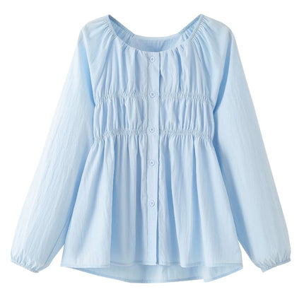 Plus Size Long Sleeve Shirt Spring Autumn 2026 Solid Color Round Collar Korean Blouses Large Size Casual Puff Sleeve Tops