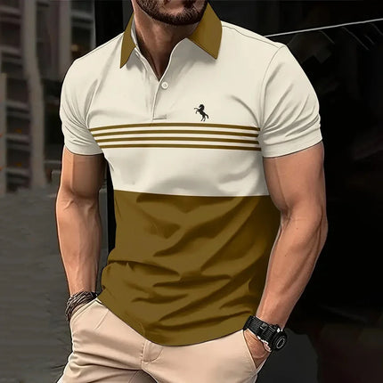 Business men's polo shirt, summer casual short-sleeved T-shirt with top striped pattern button print, loose clothing fashion polo