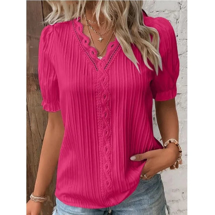 Women's Summer New Top Solid Sexy V-Neck Hollow Short Sleeve Shirt Fashion Splice Plus Size Blouse Loose Street Apparel