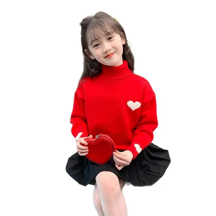 Girls' High Neck Velvet Winter Collection Children's Love Knitted Top Girls' Winter Thick Base Knitted Sweater