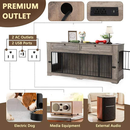Large Heavy Duty Wooden Dog Crate Furniture End Table with Charging Station & Drawers for Indoor Pet House, 70.86'', Custom