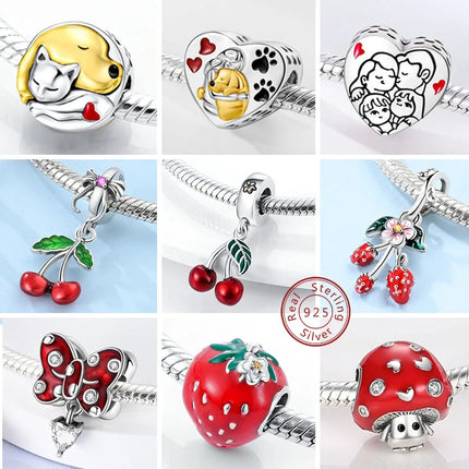 New 925 Sterling Silver Charms Bead Red Cherry Strawberry Love Heart Charm Fit Original Bracelet Pendant DIY Jewelry For Women