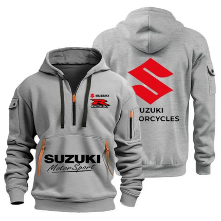 Suzuki Men's Autumn/Winter Hoodie High-Quality Outdoor Motorcycle Sweatshirt with Half-Zip Design And Multiple Pockets