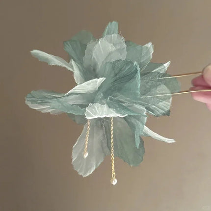 New Chinese Style Gentle Gradient Fabric Flower Hair Sticks for Women Sweet Chains Tassel Imitation Pearl Hairpin Fairy Headwear